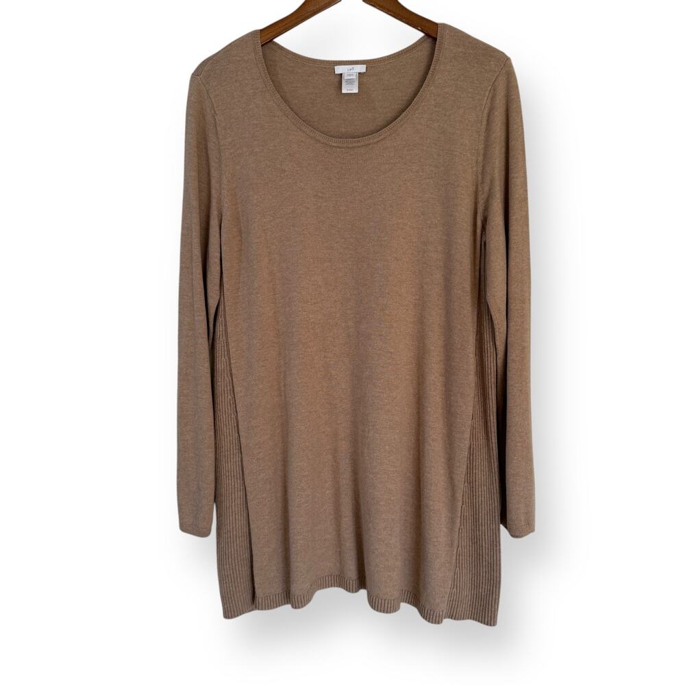 J Jill Tunic Sweater Size L Cotton Blend Round Neck Lightweight Long Sleeve Tan